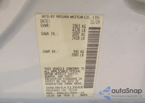 2020 Nissan Altima S Fwd from USA, damaged, VIN 1N4BL4BV3LN313668